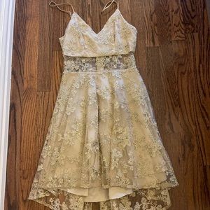 Gold floral lace overlay prom dress